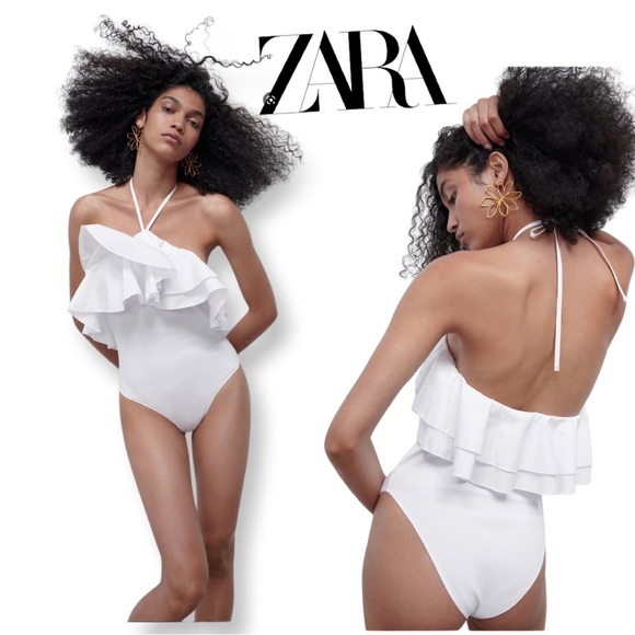 Zara Tops - 𝅺Zara RUFFLED RIB BODYSUIT white Sz L